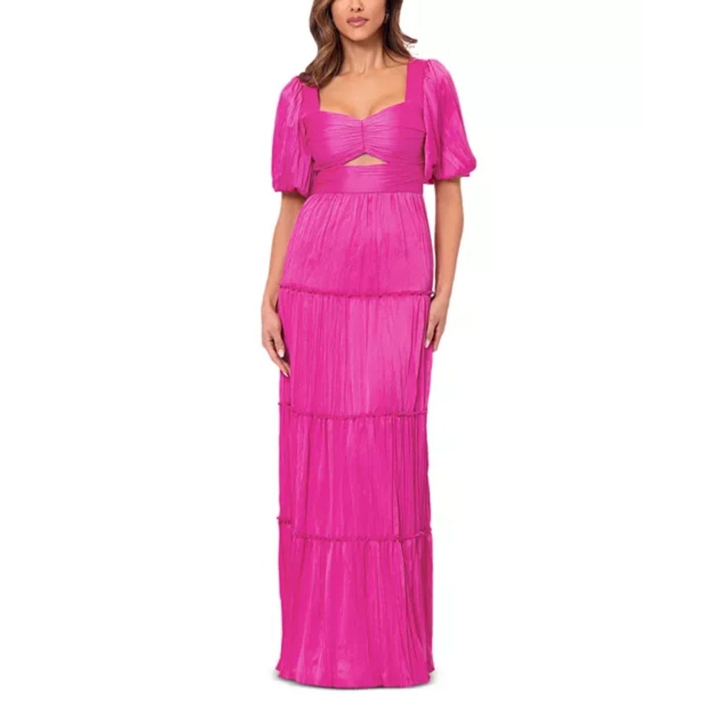 AQUA Formal Maxi Dress Women 4 Pink Cutout Tiered Short Puff Sleeve A25880